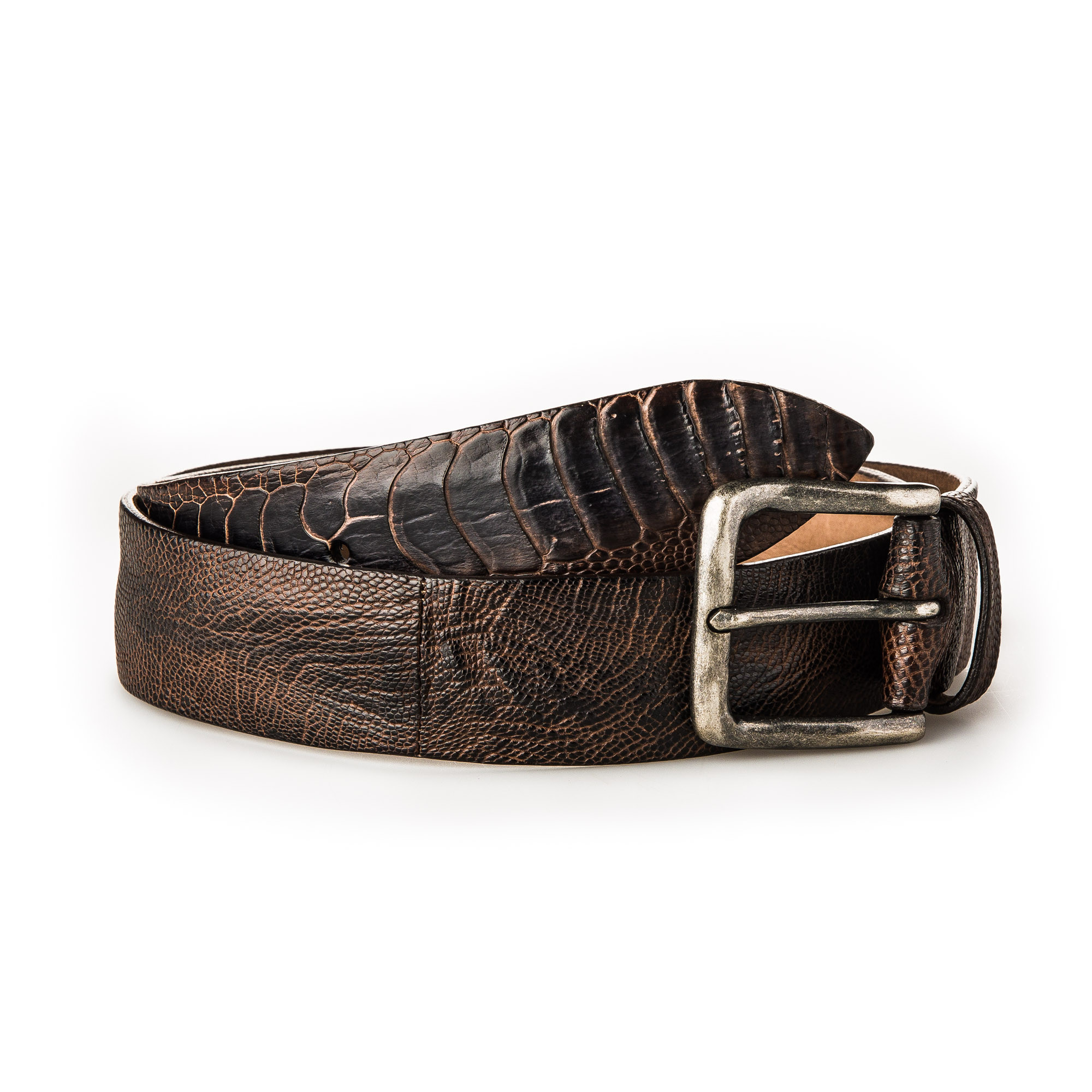 Post & Co. - Men's Ostrich Leg Leather Belt - Brown/ Black